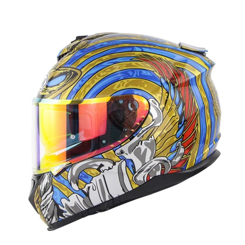 Motorcycle full face helmet with double lens in multiple colour options including Python and matte black variants