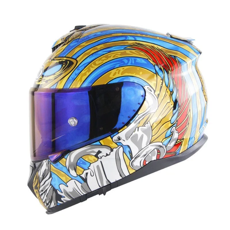 Motorcycle full face helmet with double lens in multiple colour options including Python and matte black variants