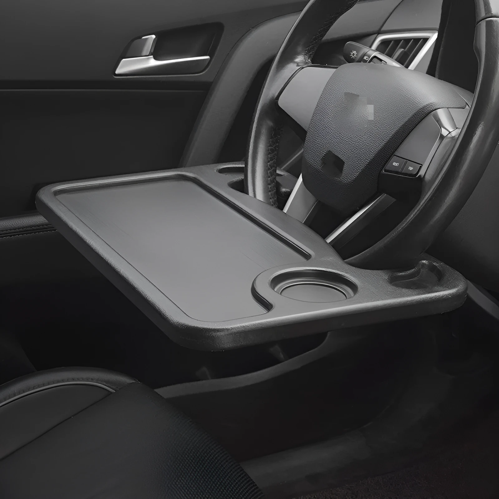 Black foldable plastic car desk measuring 42 by 28 centimetres, shown as a multifunctional vehicle tray