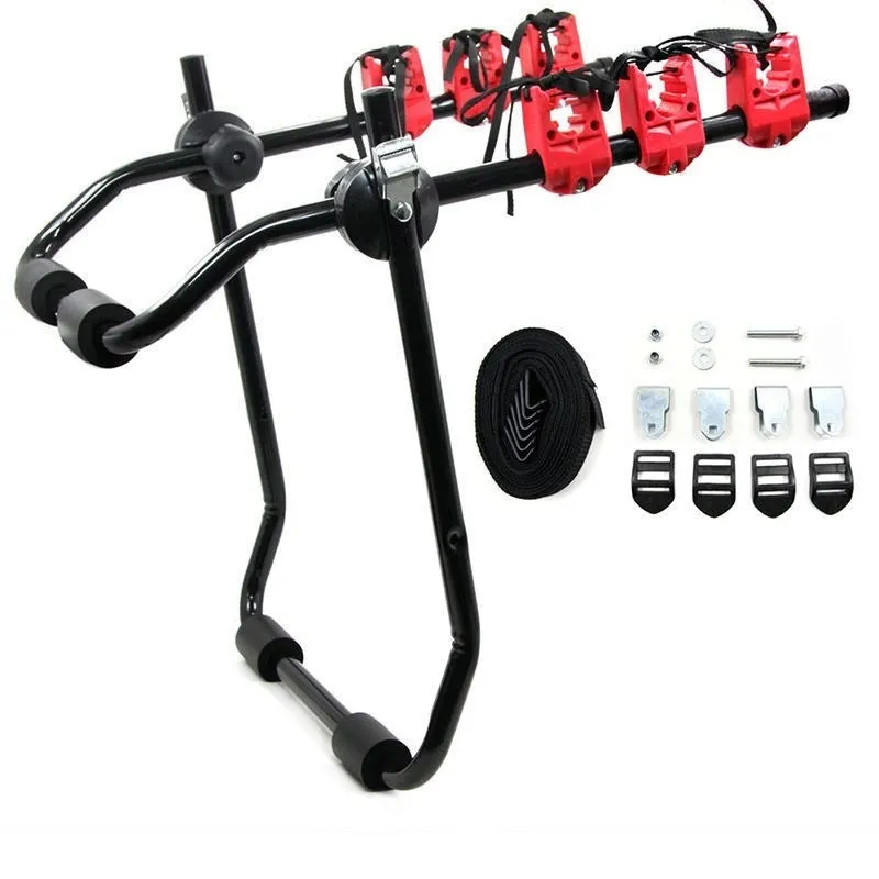 Black and red trunk-mounted car bike rack showing tie rope and pull belt attachment styles.