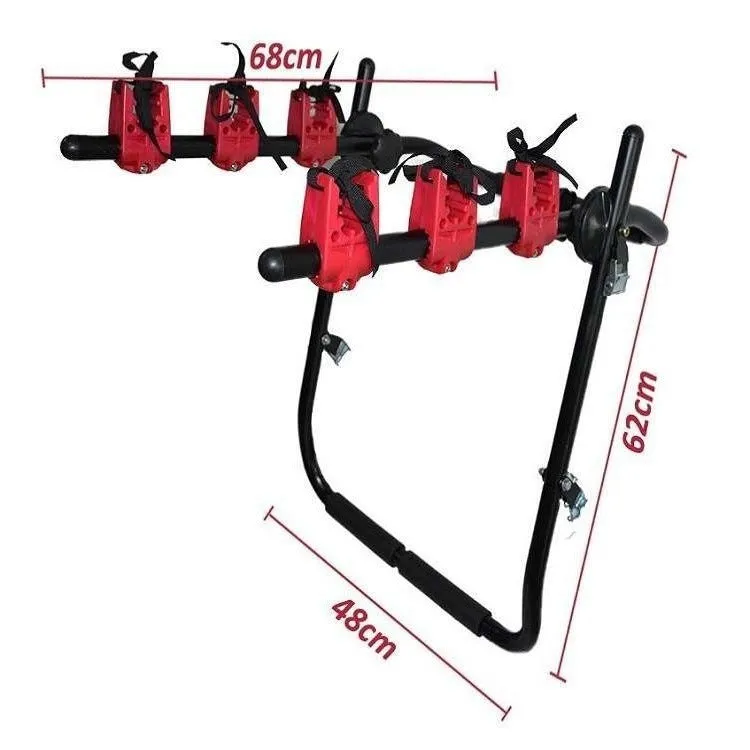 Black and red trunk-mounted car bike rack showing tie rope and pull belt attachment styles.