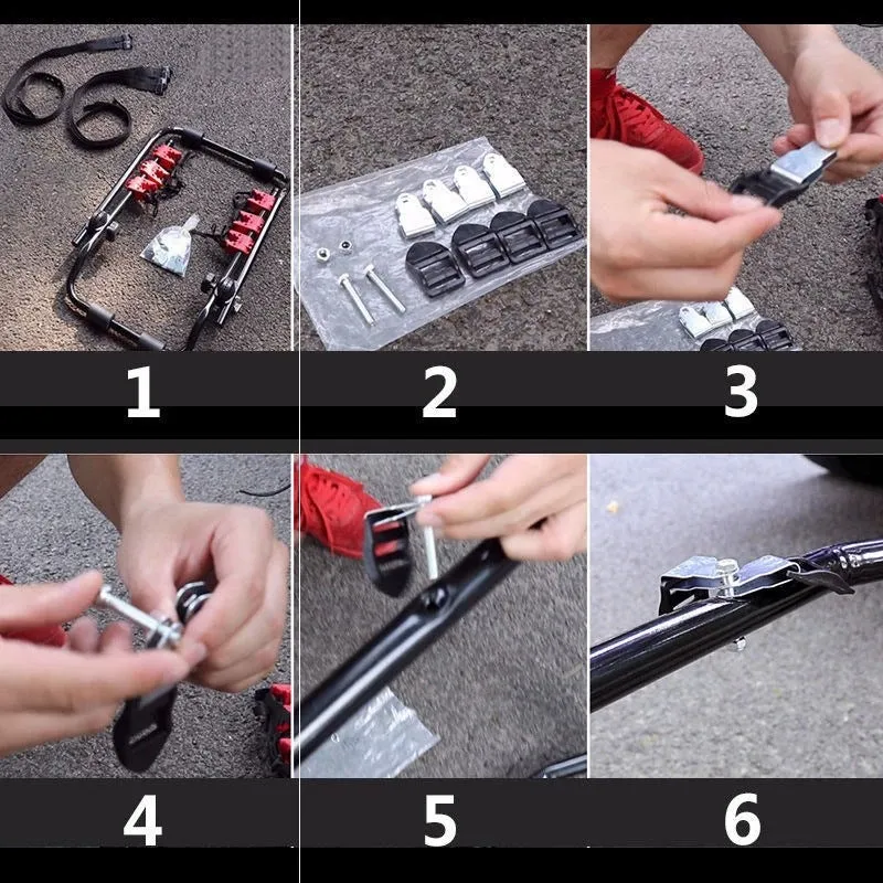 Black and red trunk-mounted car bike rack showing tie rope and pull belt attachment styles.