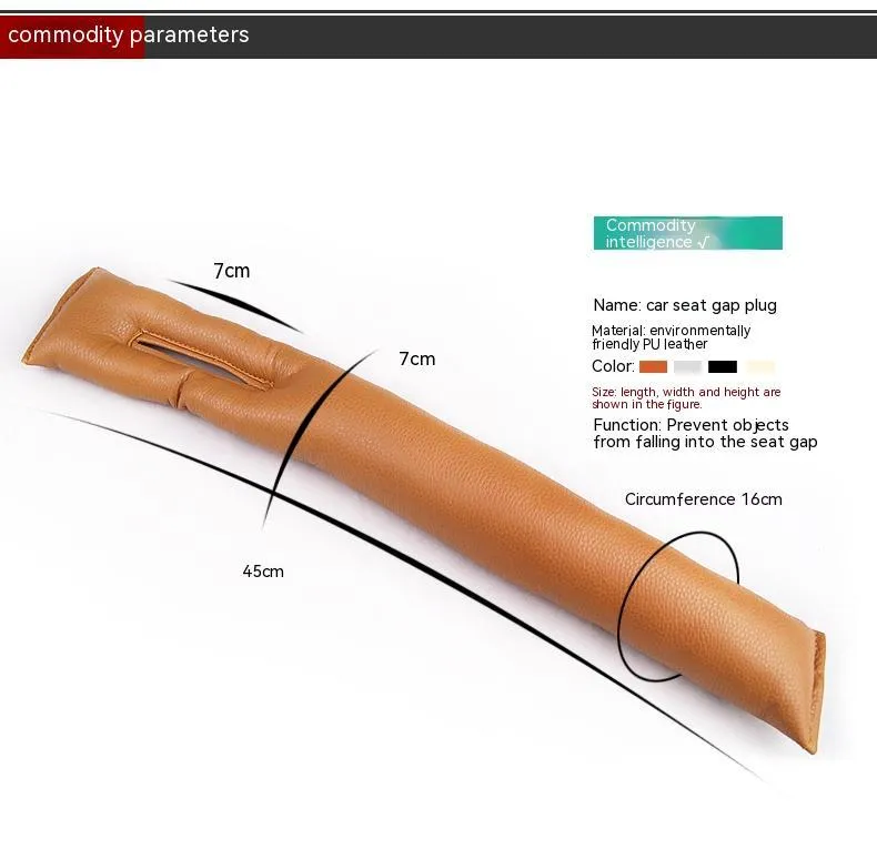 Leather-look PU car seat gap filler strip in black, beige, brown, and grey colours.