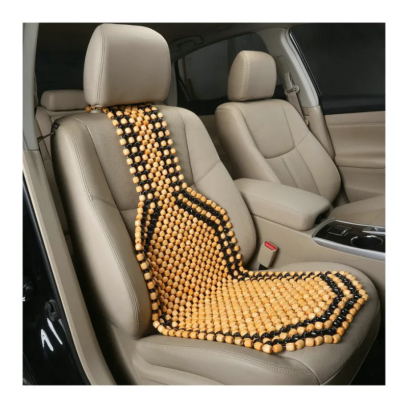 Beige and black universal ventilated car seat cushion for five-seat vehicles showing breathable mesh texture