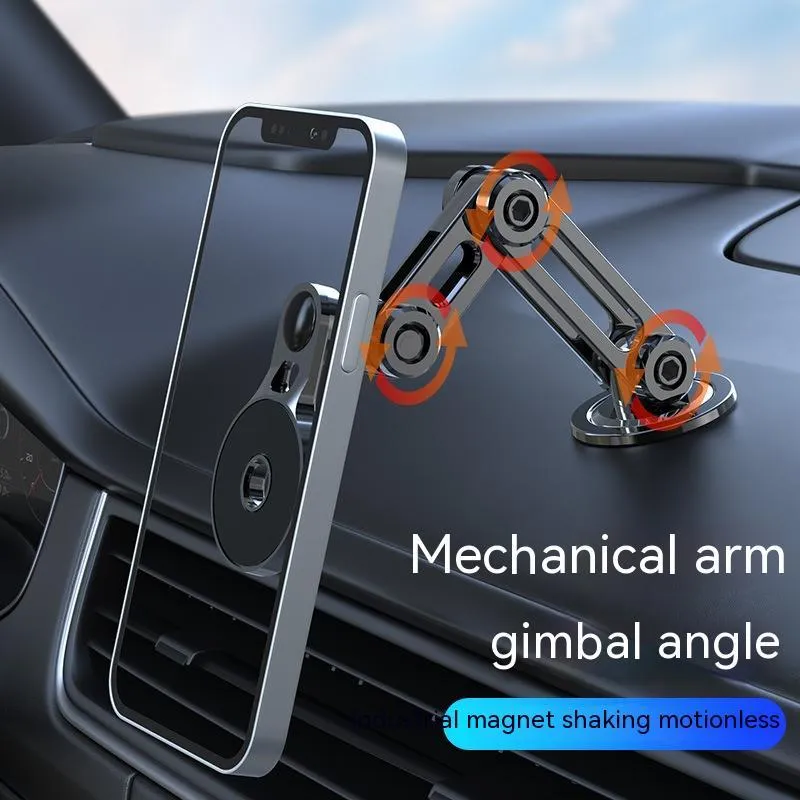 Black magnetic car phone holder mounted on dashboard with phone attached