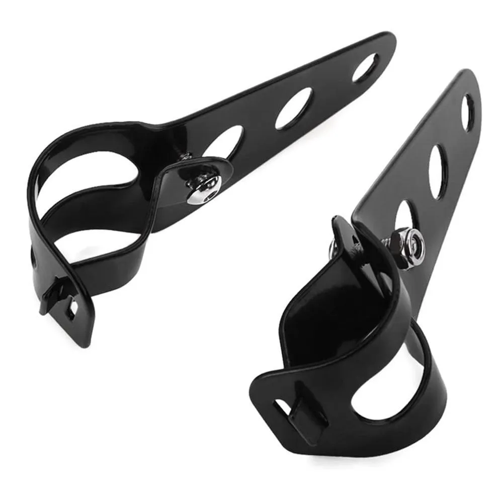 Pair of black iron motorcycle headlamp support brackets shown from the side