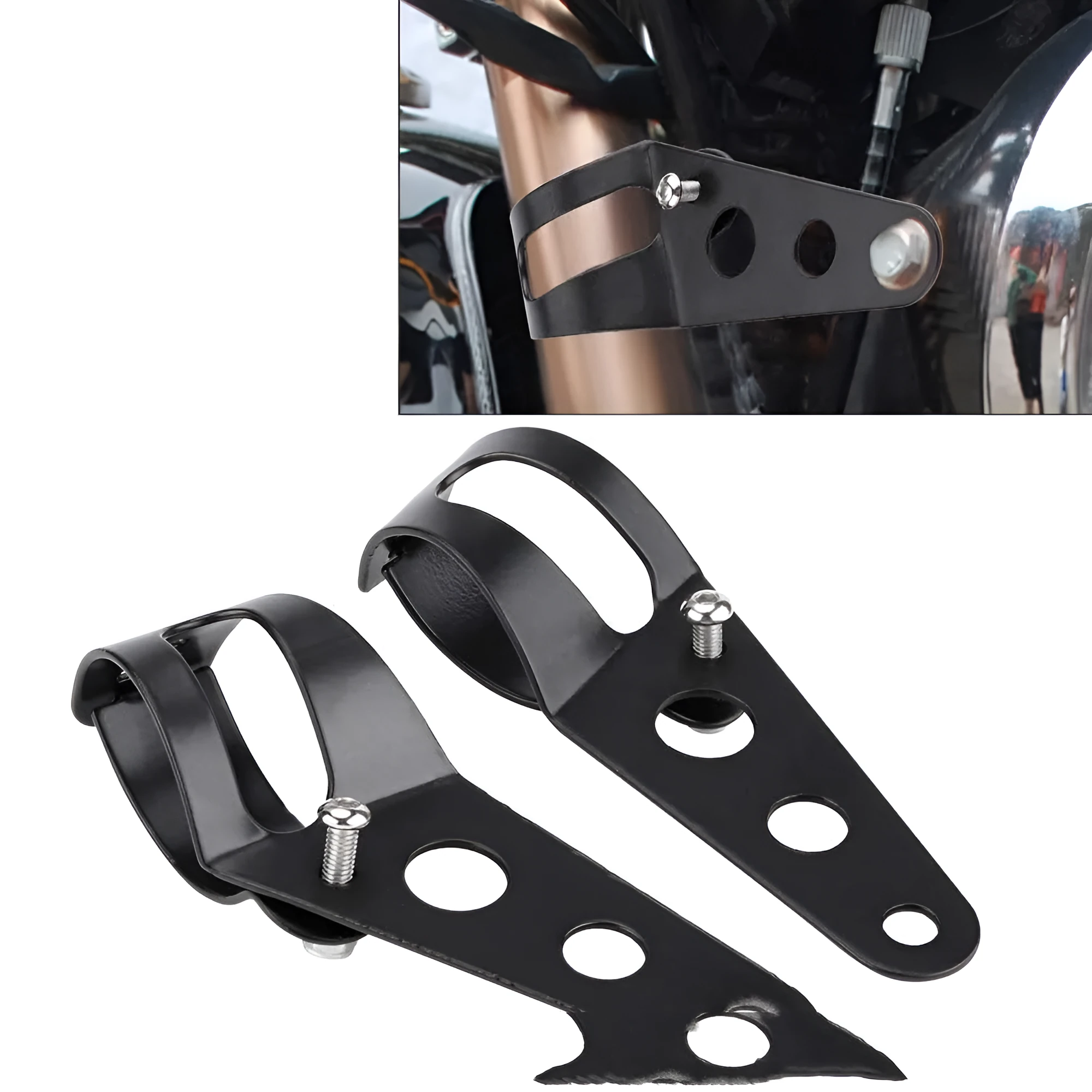 Pair of black iron motorcycle headlamp support brackets shown from the side