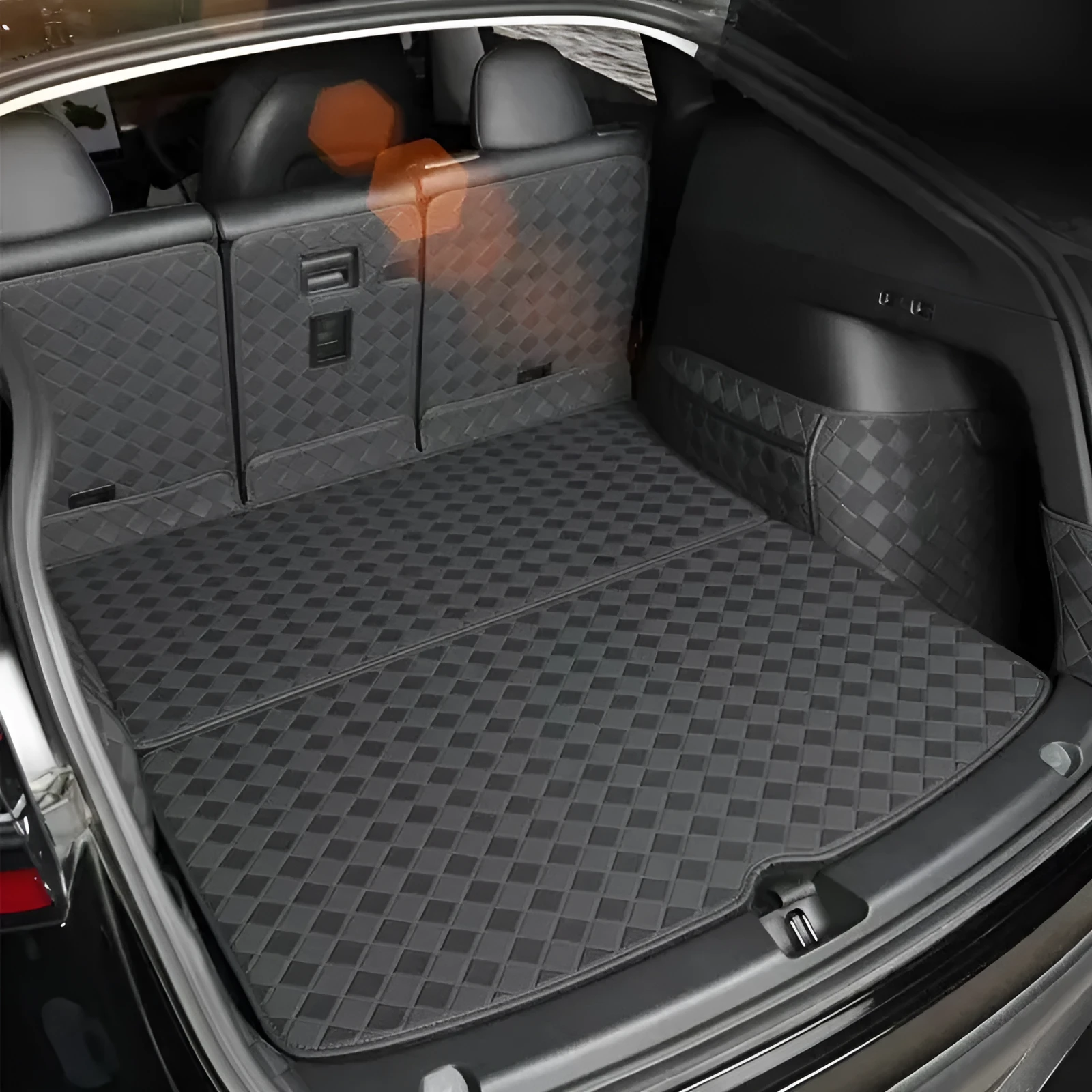 Leather trunk mat for Tesla Model 3 or Model Y boot in black, brown, or wine red.