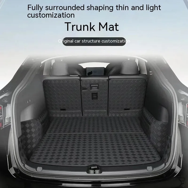 Leather trunk mat for Tesla Model 3 or Model Y boot in black, brown, or wine red.