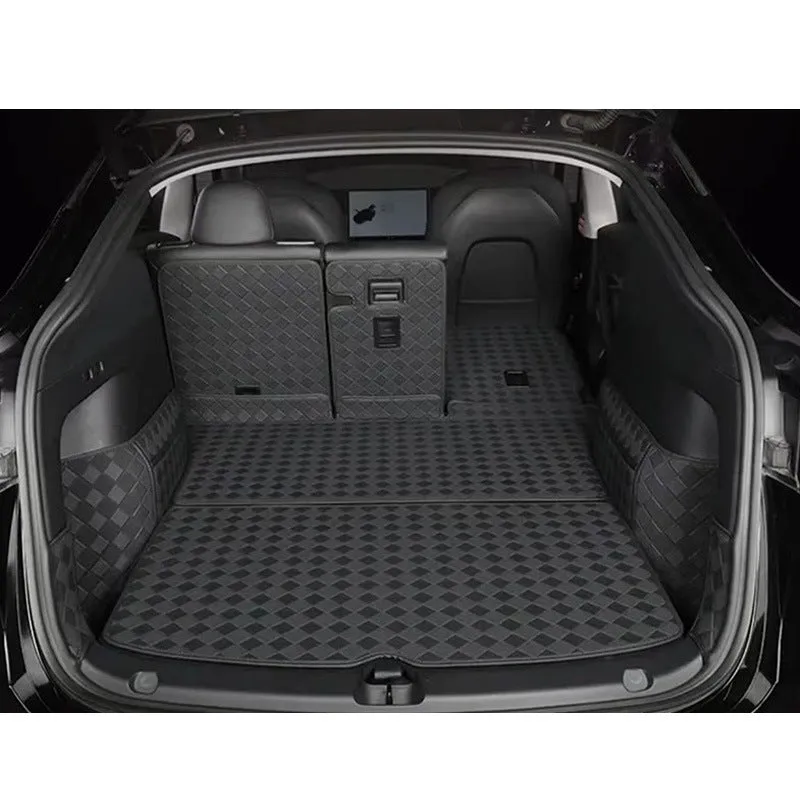 Leather trunk mat for Tesla Model 3 or Model Y boot in black, brown, or wine red.
