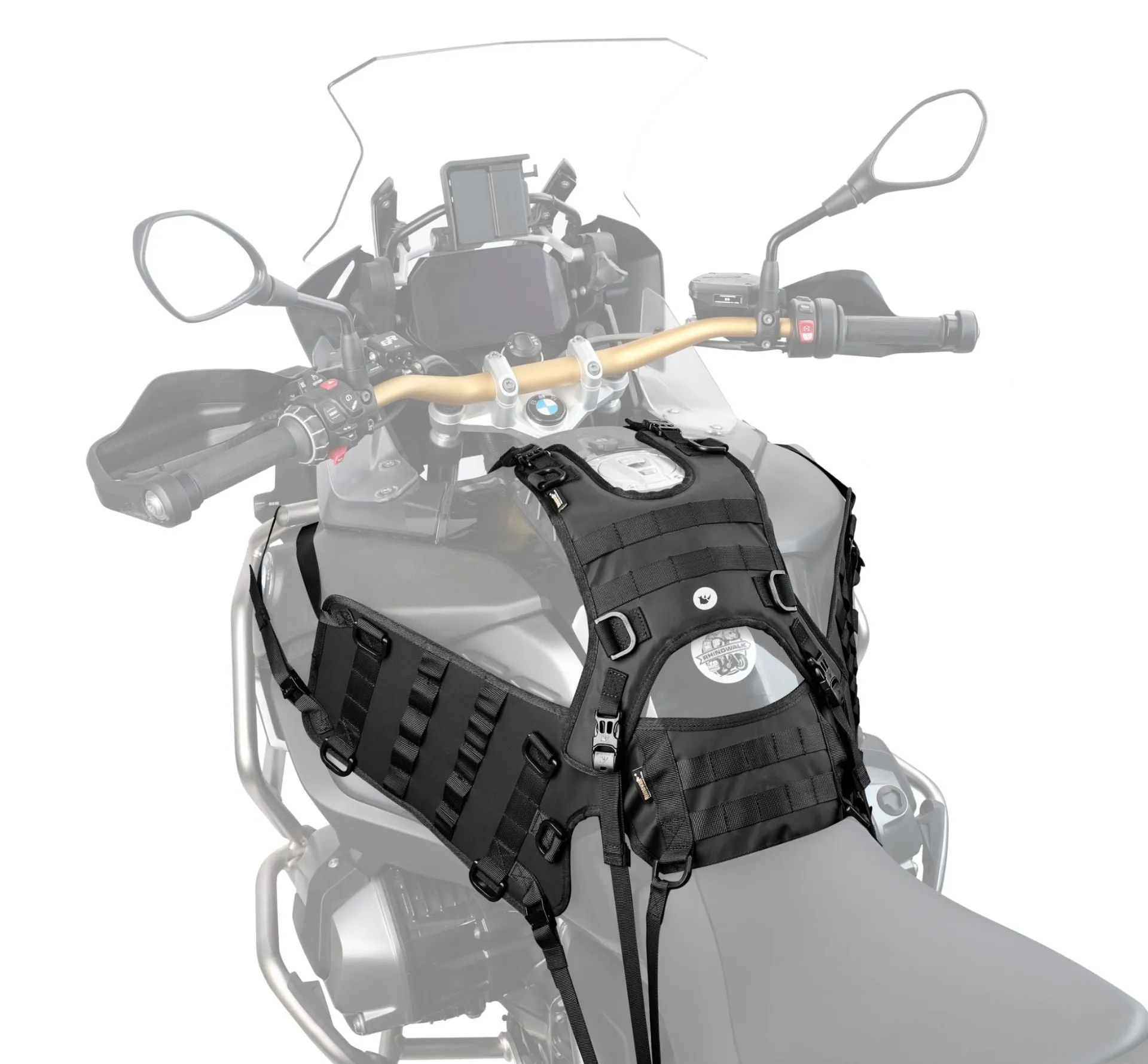 Black polyester motorcycle fuel tank mount base saddle shown flat, measuring 100cm by 40cm.