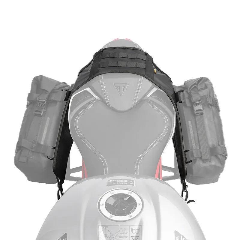 Black polyester motorcycle fuel tank mount base saddle shown flat, measuring 100cm by 40cm.