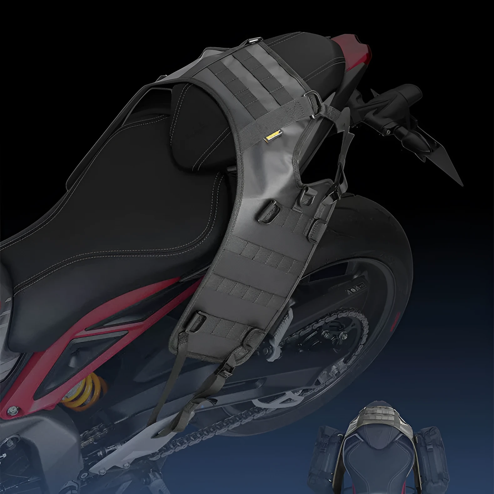 Black polyester motorcycle fuel tank mount base saddle shown flat, measuring 100cm by 40cm.