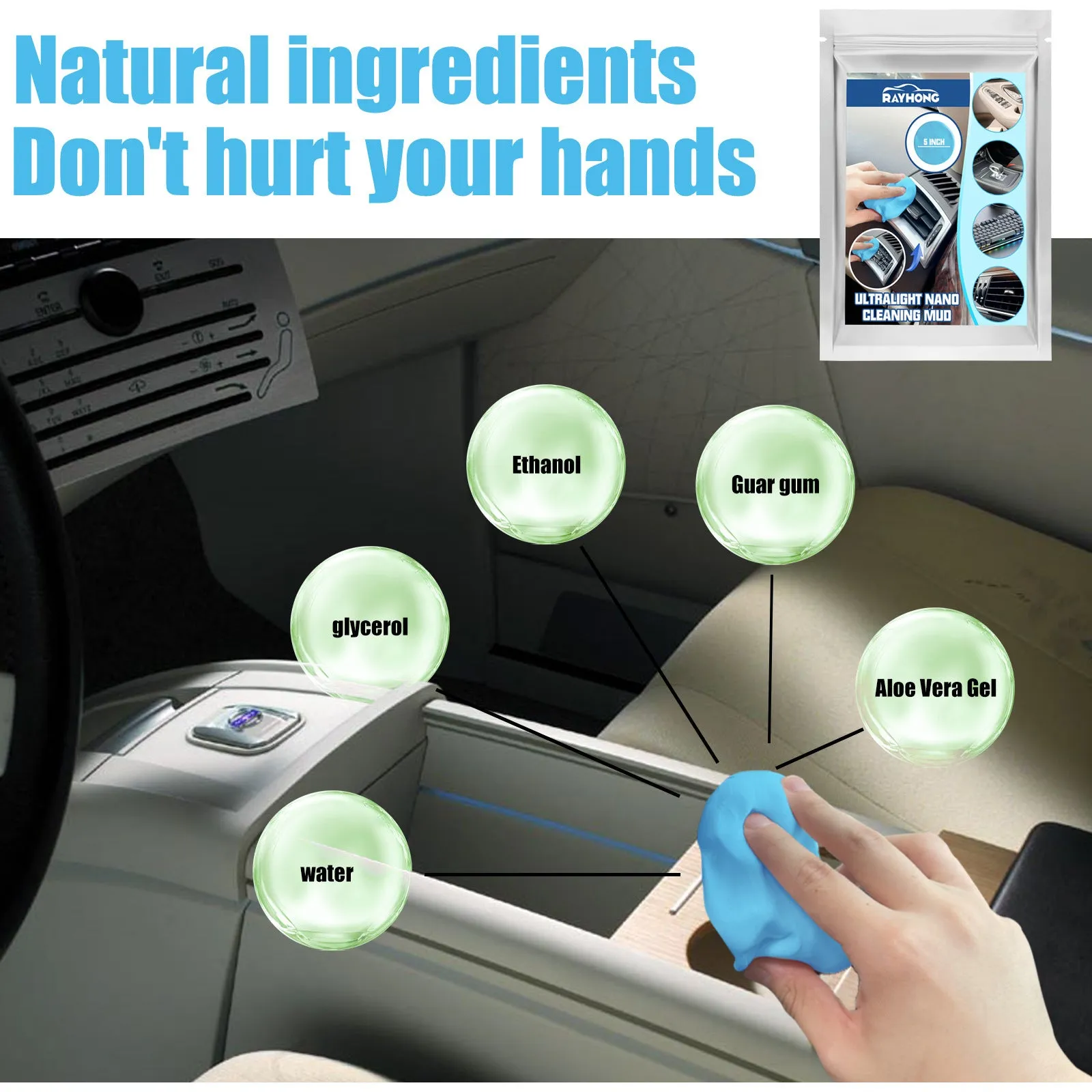 Car cleaning mud putty for dust removal from interior vents and gaps.