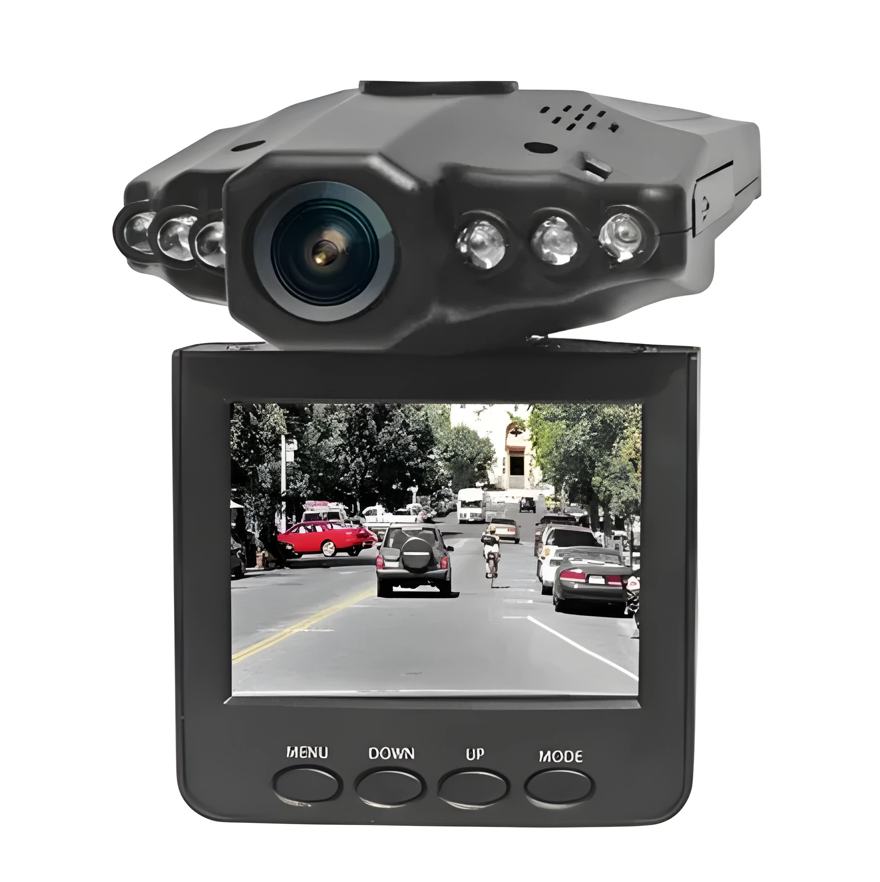 H198 black car DVR dash camera with 2.4-inch screen for HD and night vision recording.