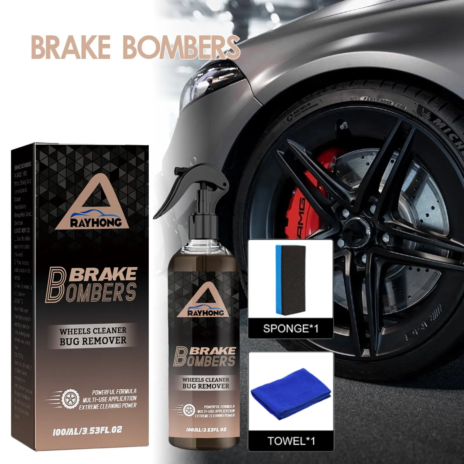 Car brake cleanser bottle with sponge towel for automotive rust removal and polishing