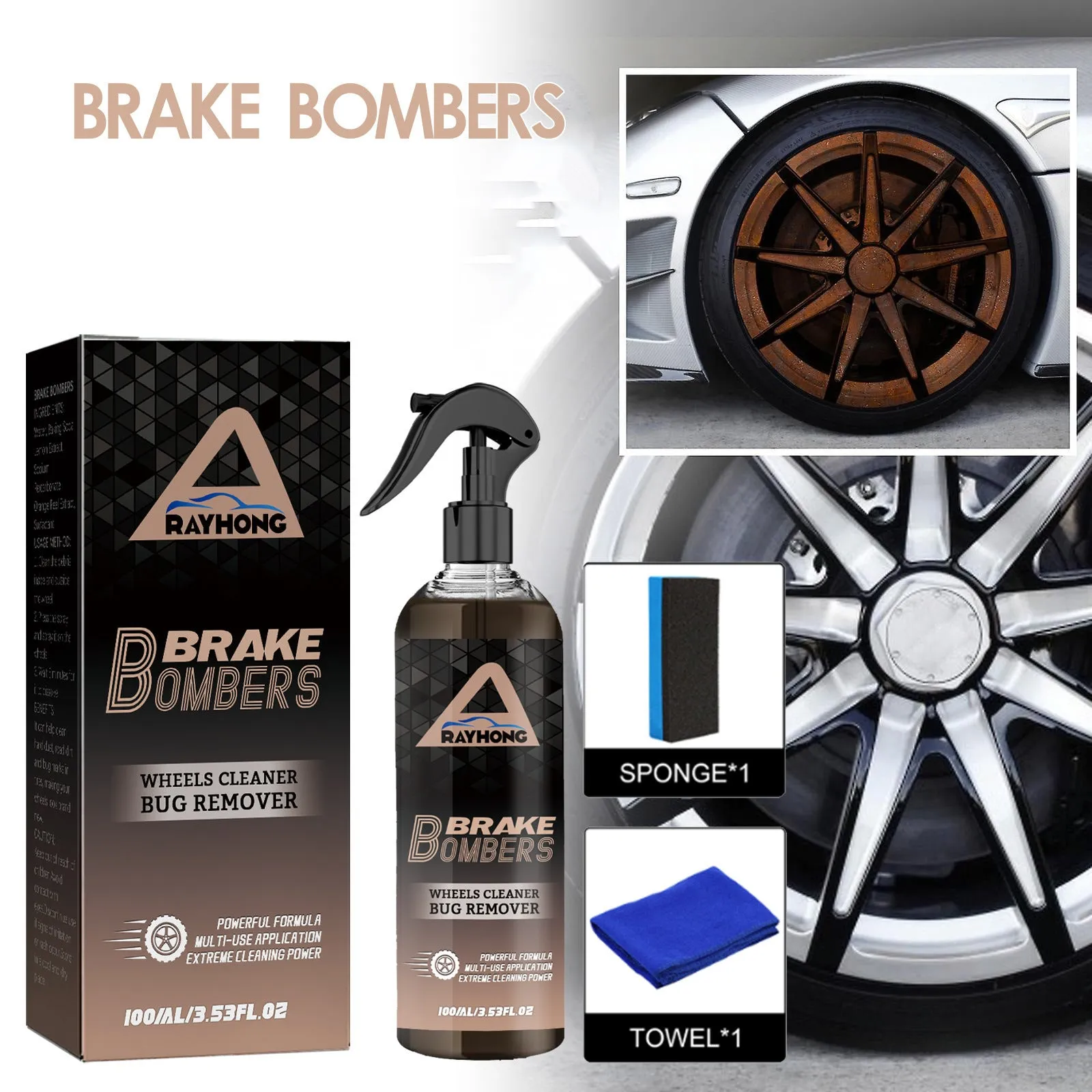 Car brake cleanser bottle with sponge towel for automotive rust removal and polishing