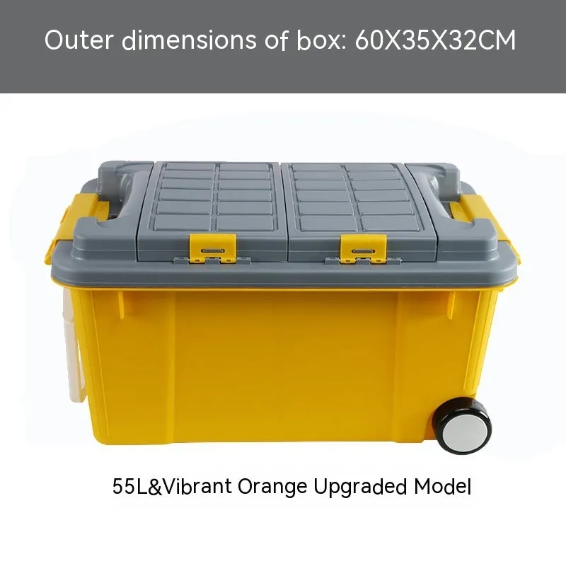 Large orange plastic storage box with pull-out handle and wheels, showing 55L capacity and double-seal lid.