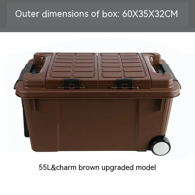 Large orange plastic storage box with pull-out handle and wheels, showing 55L capacity and double-seal lid.