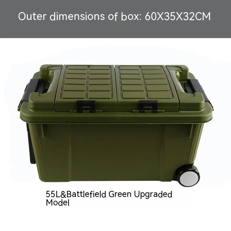 Large orange plastic storage box with pull-out handle and wheels, showing 55L capacity and double-seal lid.
