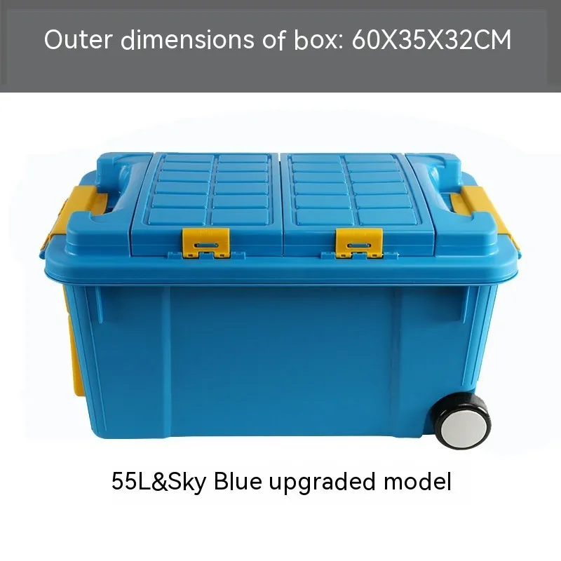 Large orange plastic storage box with pull-out handle and wheels, showing 55L capacity and double-seal lid.