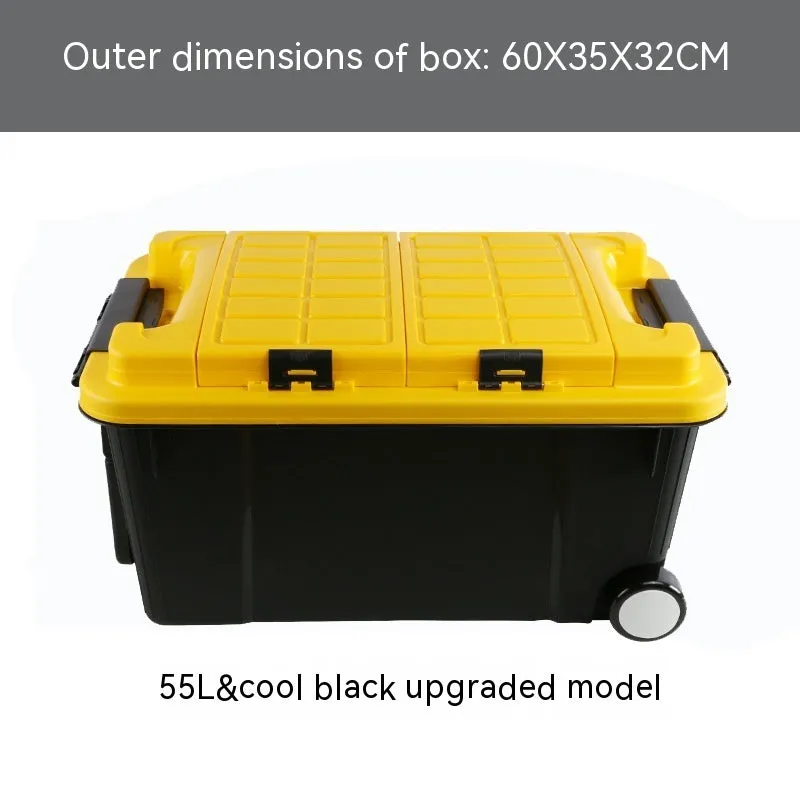 Large orange plastic storage box with pull-out handle and wheels, showing 55L capacity and double-seal lid.