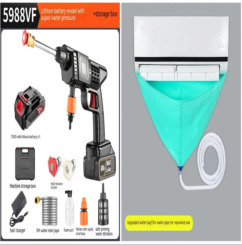 Wireless portable car washing machine with plastic gun and lithium battery on grass