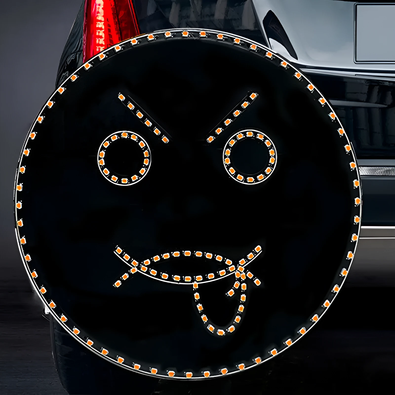 Black car rear window LED expression light showing smiley face pattern with orange LED beads