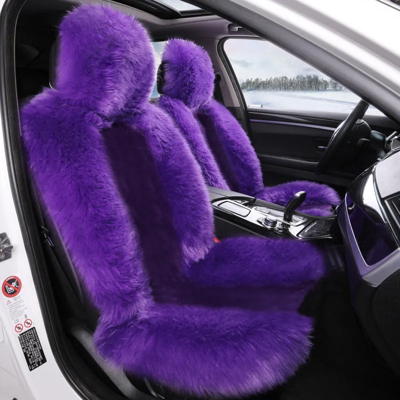 Purple plush car seat cushion set for driver and passenger seats with thickened winter padding
