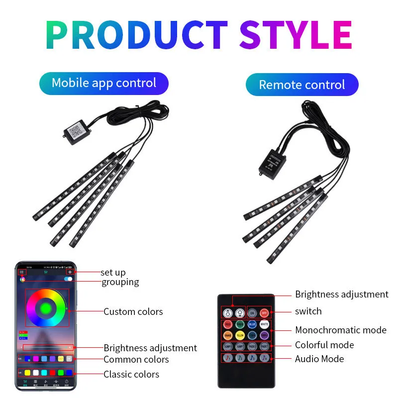 Car interior LED footwell atmosphere lighting kit with voice control and music rhythm mode