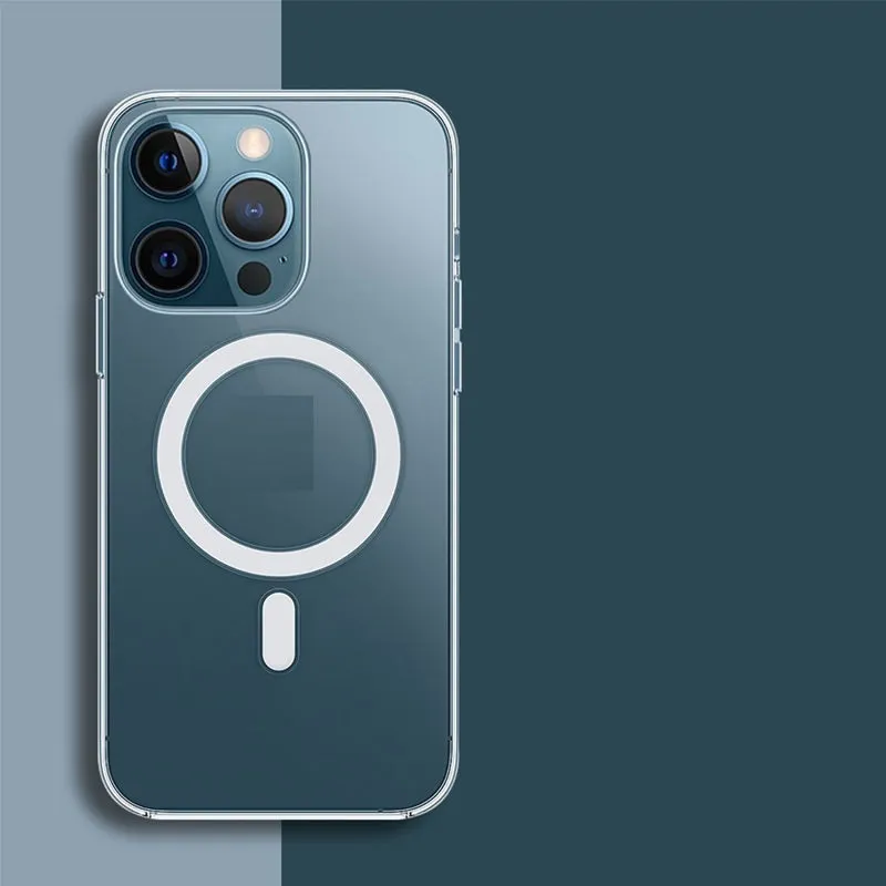 Transparent magnetic hard-shell back cover case for iPhone on a magnetic car vent mount.