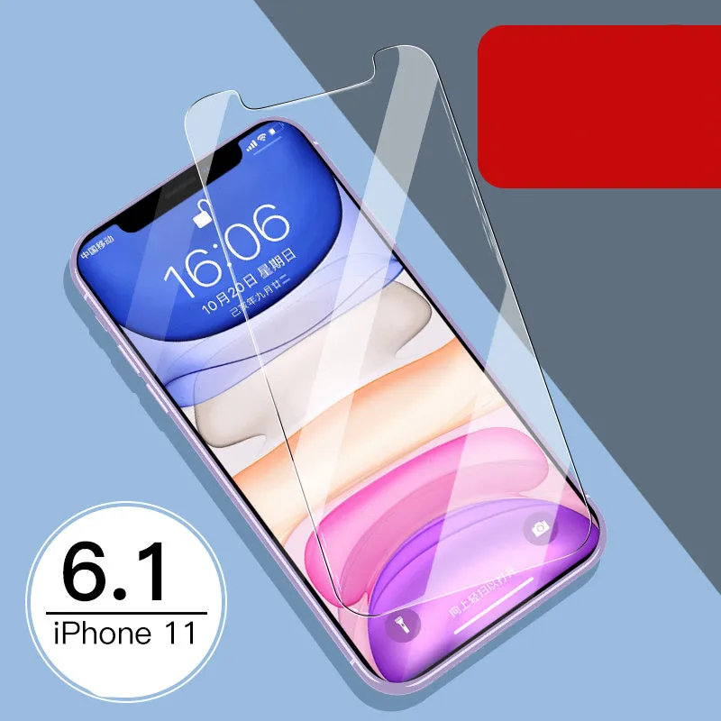 Tempered glass screen and rear protector for Apple iPhone models on a table.