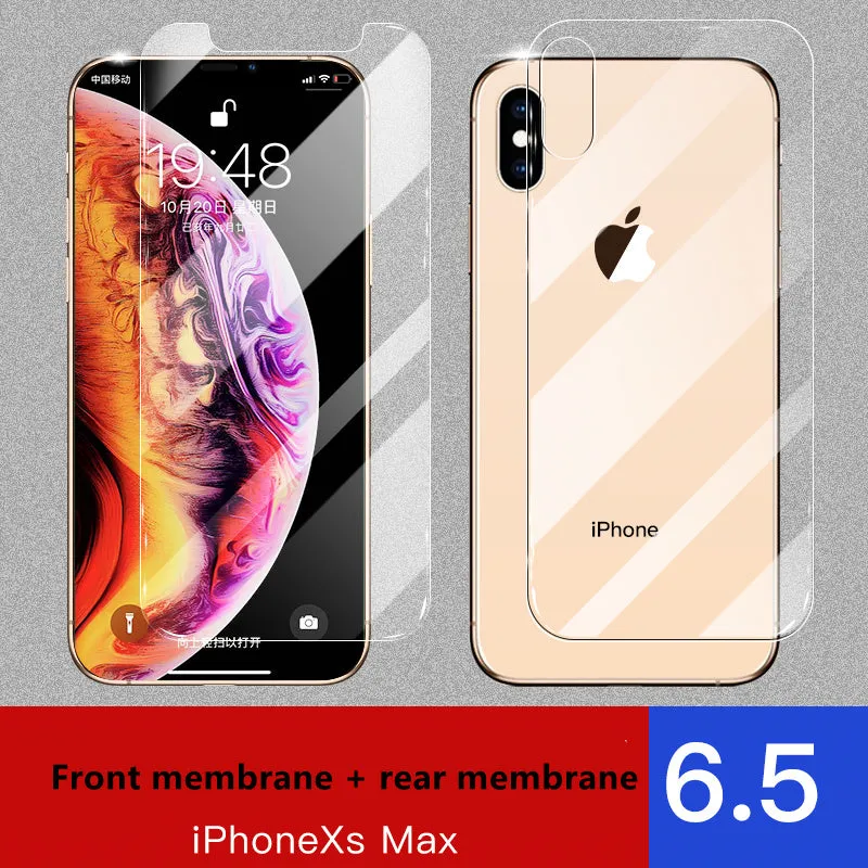 Tempered glass screen and rear protector for Apple iPhone models on a table.