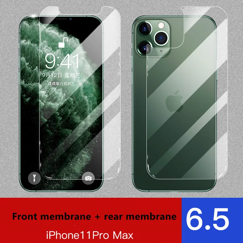 Tempered glass screen and rear protector for Apple iPhone models on a table.