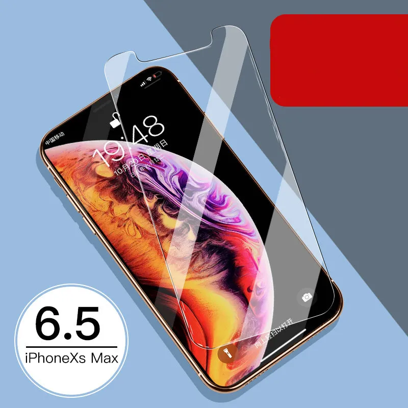 Tempered glass screen and rear protector for Apple iPhone models on a table.