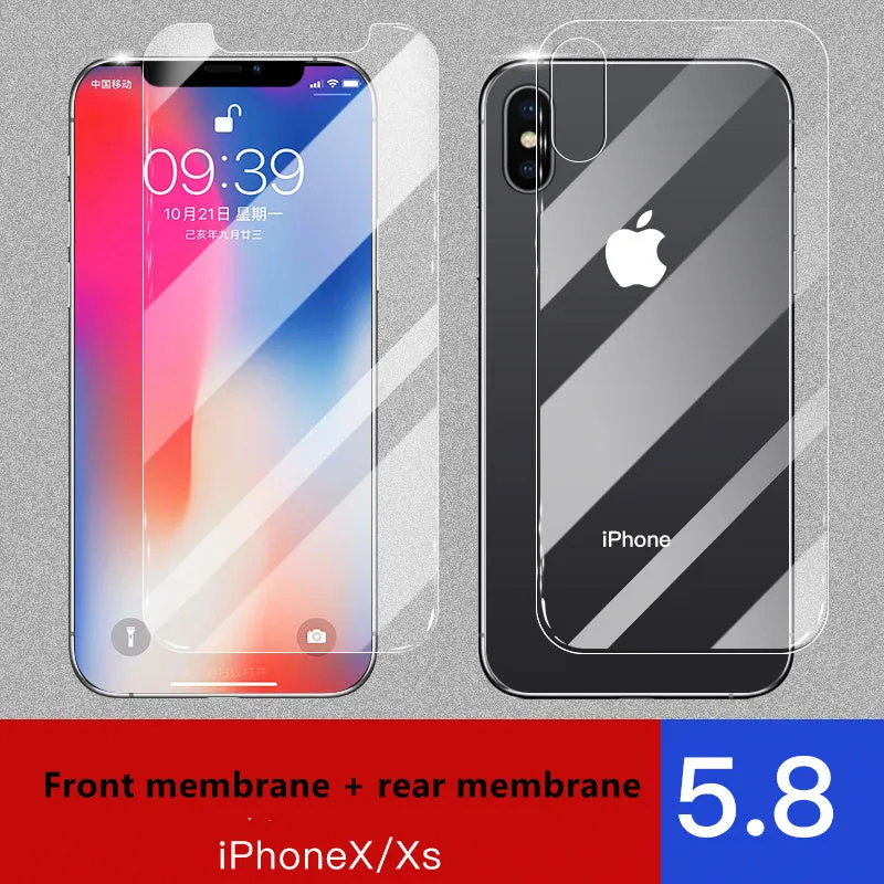 Tempered glass screen and rear protector for Apple iPhone models on a table.