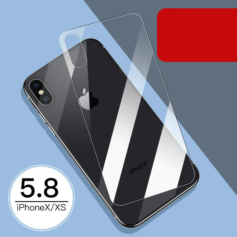 Tempered glass screen and rear protector for Apple iPhone models on a table.