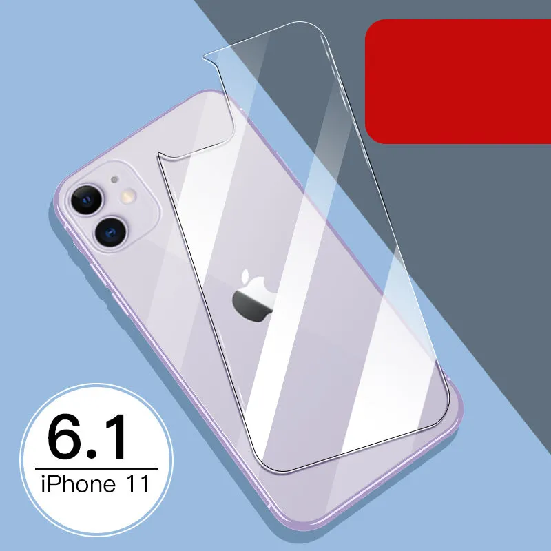 Tempered glass screen and rear protector for Apple iPhone models on a table.