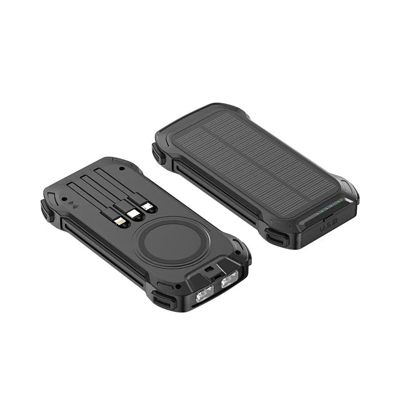 Red and black solar power bank with wireless charging pad showing size comparison to a mobile phone.