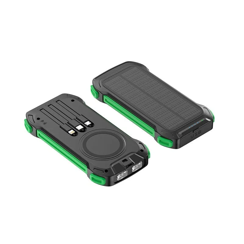 Red and black solar power bank with wireless charging pad showing size comparison to a mobile phone.