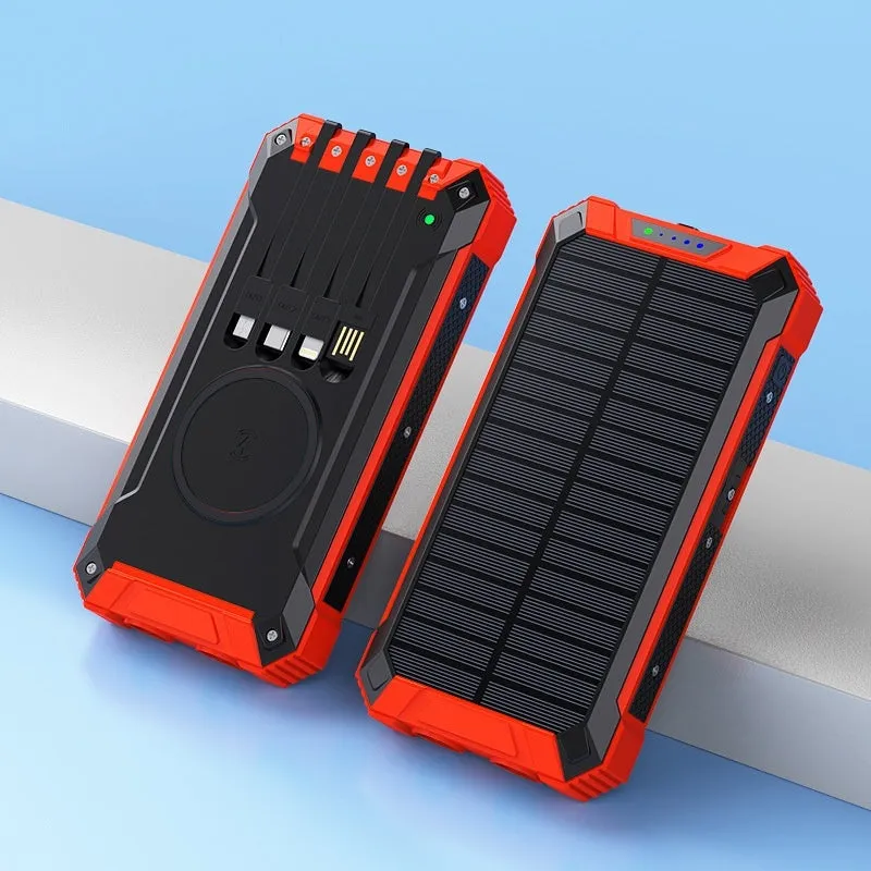 Red and black solar power bank with wireless charging pad showing size comparison to a mobile phone.