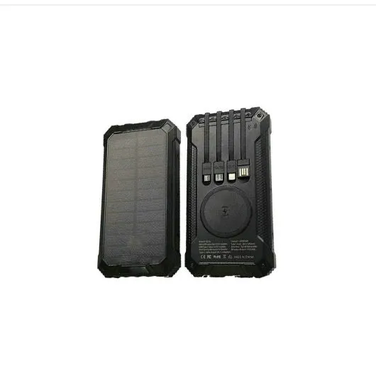 Red and black solar power bank with wireless charging pad showing size comparison to a mobile phone.