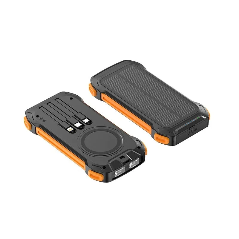 Red and black solar power bank with wireless charging pad showing size comparison to a mobile phone.