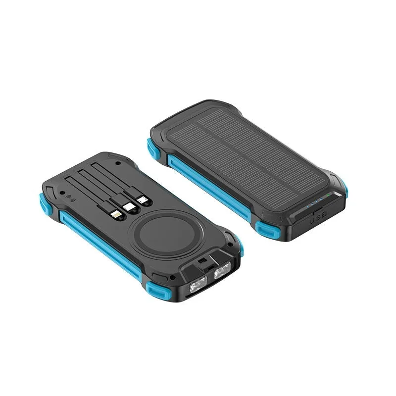 Red and black solar power bank with wireless charging pad showing size comparison to a mobile phone.