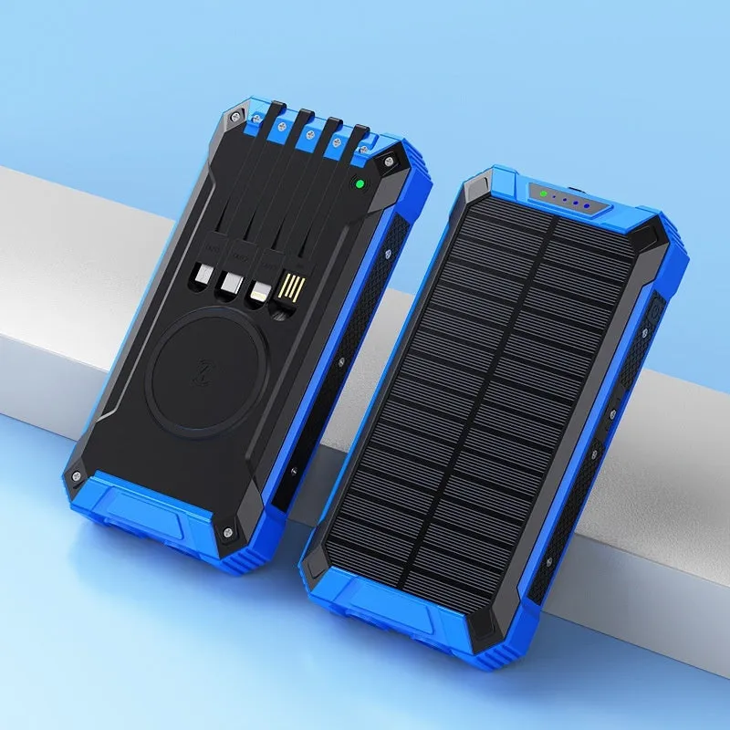 Red and black solar power bank with wireless charging pad showing size comparison to a mobile phone.