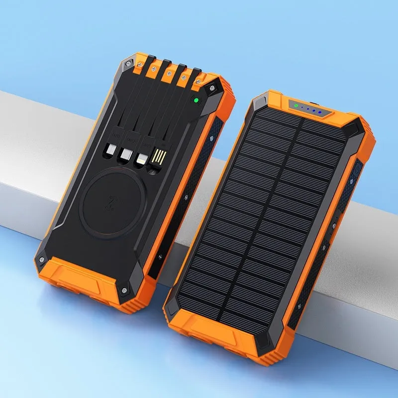 Red and black solar power bank with wireless charging pad showing size comparison to a mobile phone.