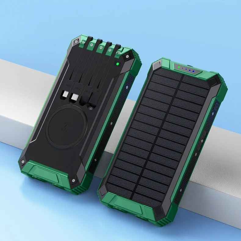 Red and black solar power bank with wireless charging pad showing size comparison to a mobile phone.