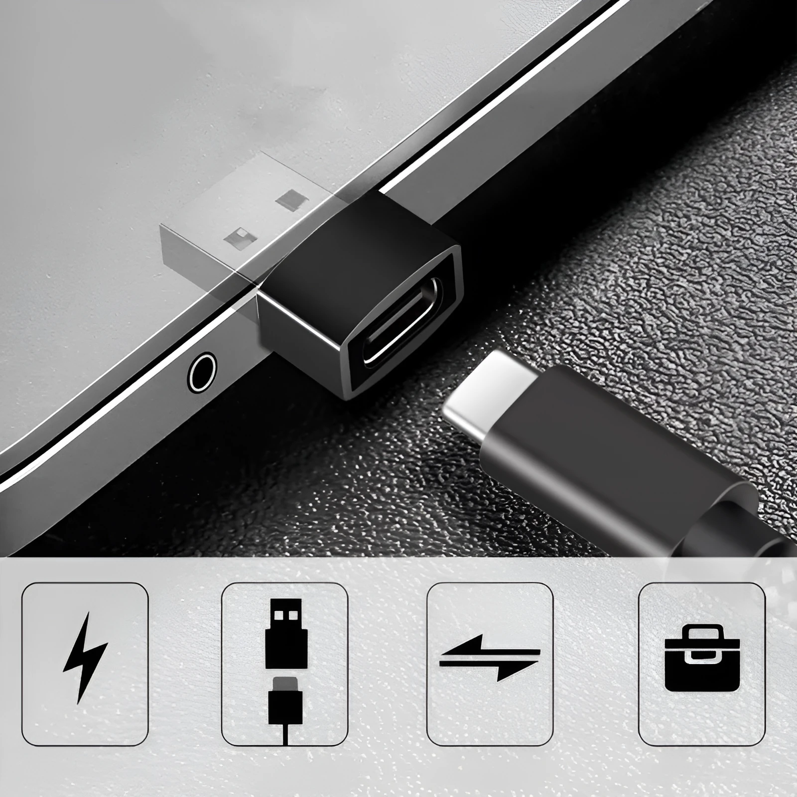 USB to Type-C adapter showing Type-C female and USB male connectors in black or silver finish