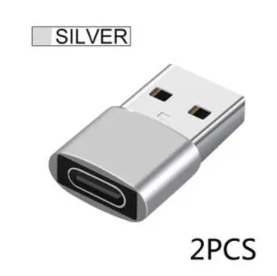 USB to Type-C adapter showing Type-C female and USB male connectors in black or silver finish