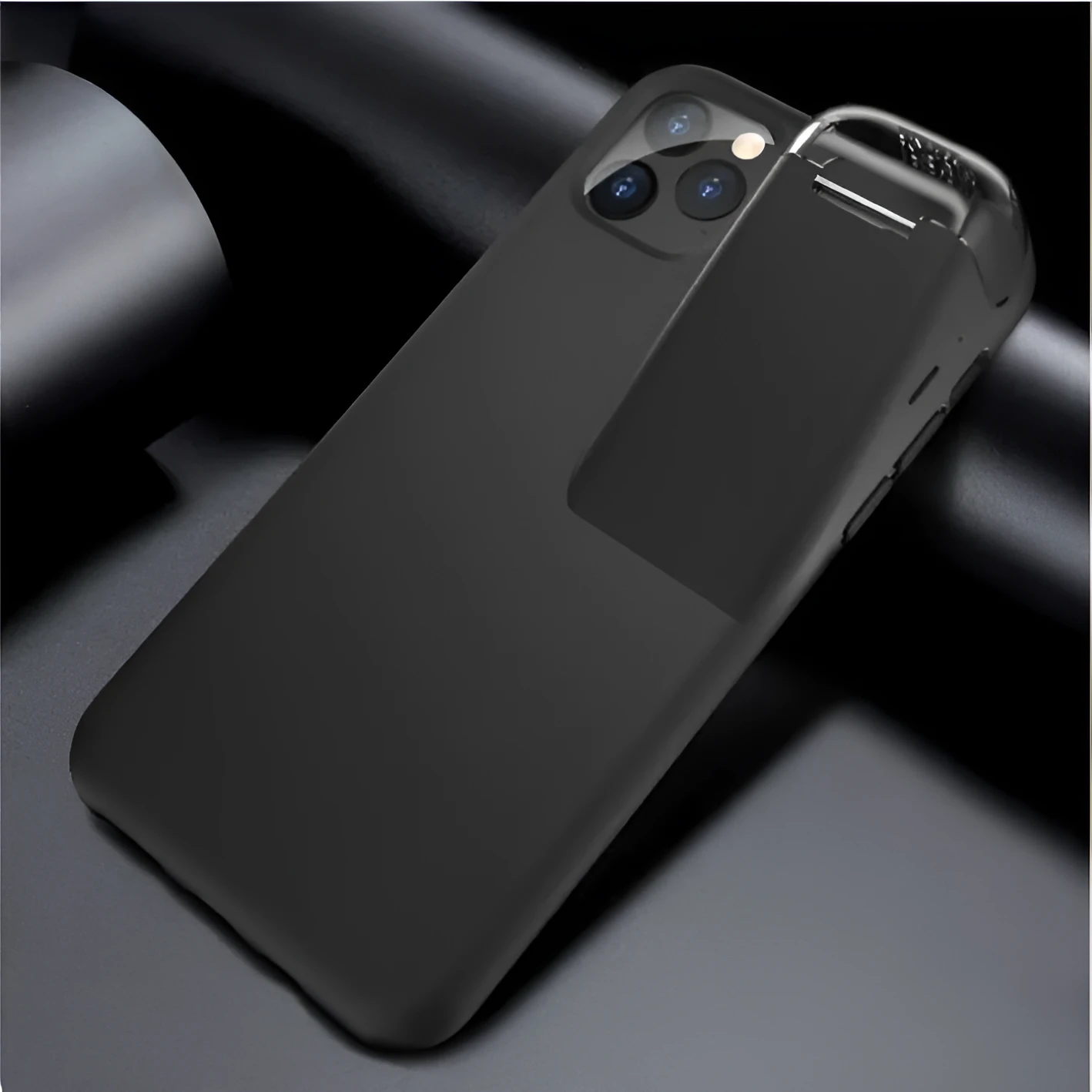 Black matte acrylic and silicone airpods case cover attached to an iPhone charging case